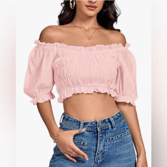 Divided Tops - Divided Off The Shoulder Ruffle Trim Ruched Short Sleeve Blouse Crop Top